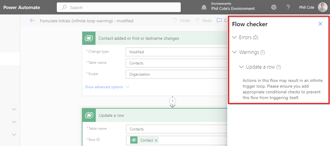 Flow Infinite Warning Detail