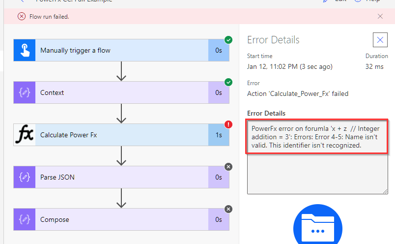 Error details shown in Power Automate run